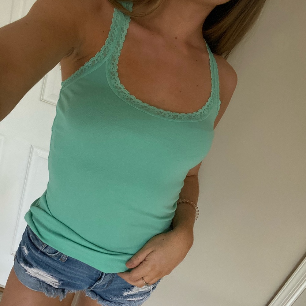 Turquoise blue lace back tank top